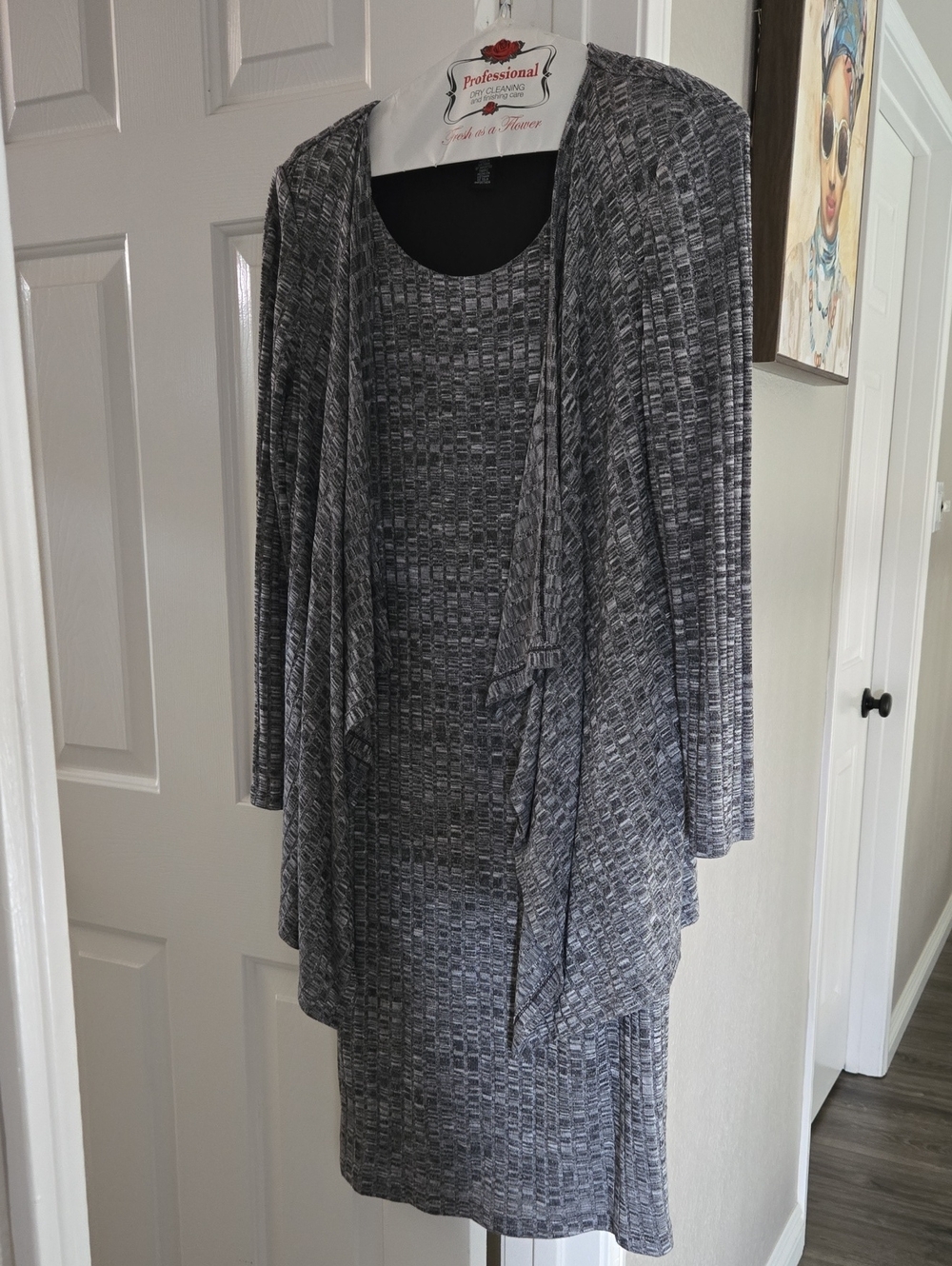 Gray Textured Knit Dress and Open Cardigan Set